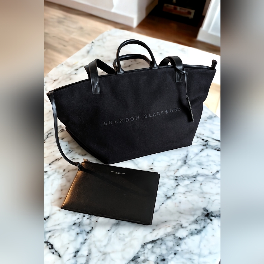 Brandon Blackwood Everyday Tote in Black Canvas with Leather details and pouch